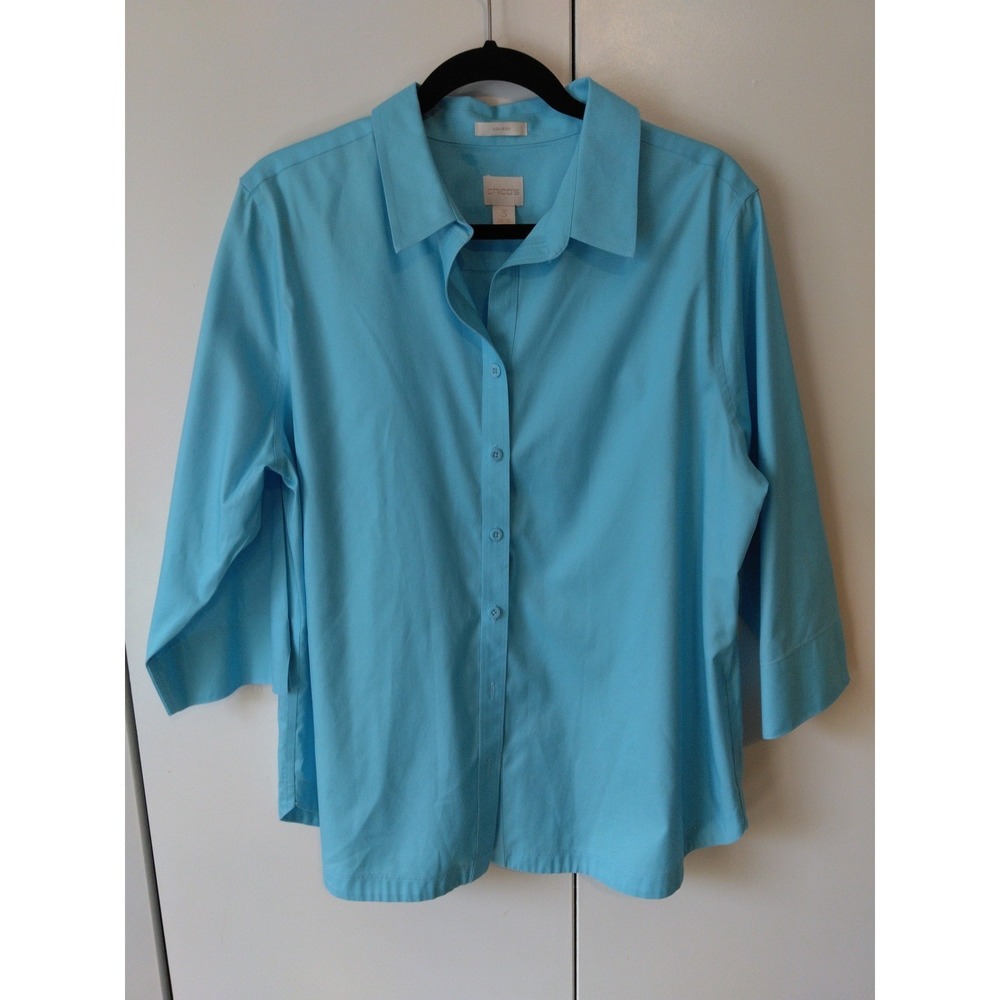 Chicos No Iron Button-Up Shirt Women Size 3 / XL Blue Preppy Business Casual